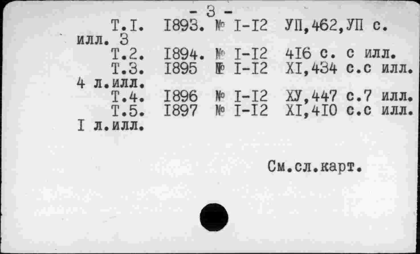 ﻿T.I. илл. З
T.2.
Т.З.
4 л.илл.
Т.4.
Т.5.
I л.илл.
- 3
1893.
1894.
1895
1896
1897
I—12	УП,462,УП с.
I-I2	416 с. с ИЛЛ.
I-I2	XI,434 с.с илл
I-I2	ХУ,44? с.7 илл
I—12	XI,410 с.с илл
См.сл.карт.